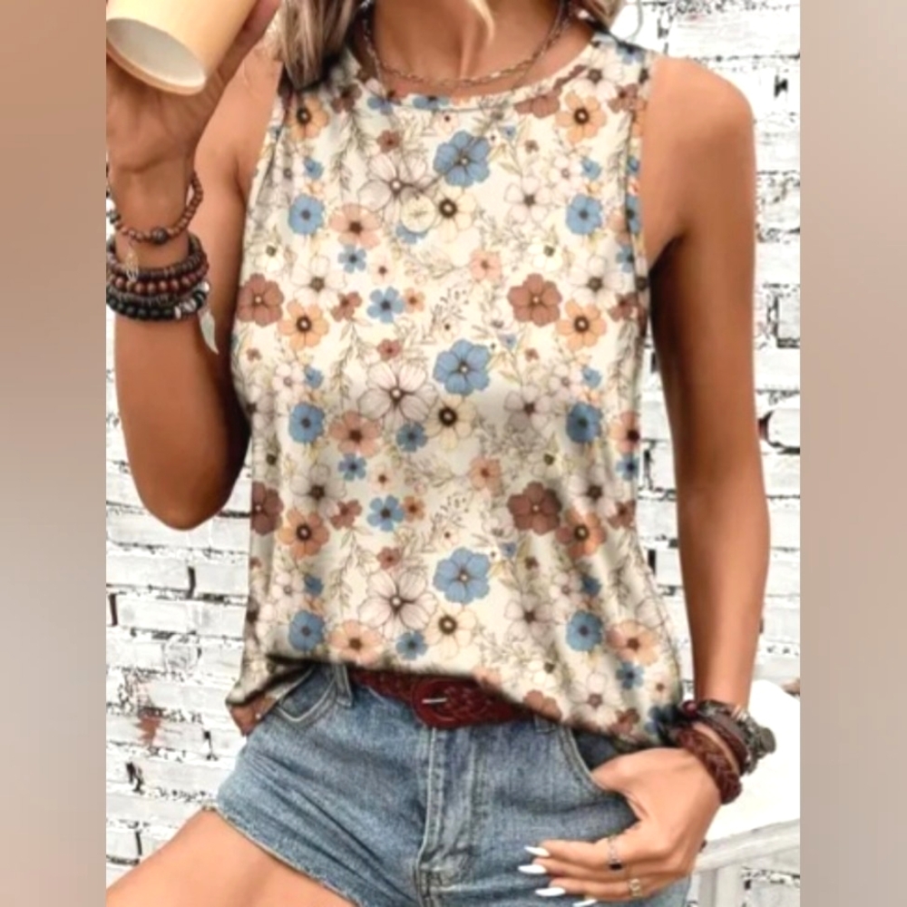 NEW Women's Allover Print Floral Scoop Neck Sleeveless Top